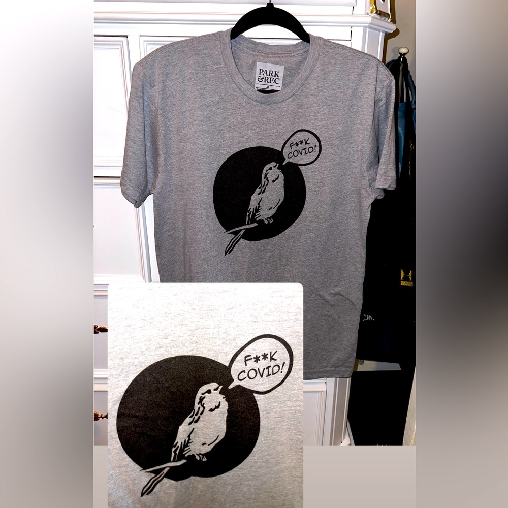 “F**k Covid” T-Shirt, Grey & Black, Unisex size Medium.